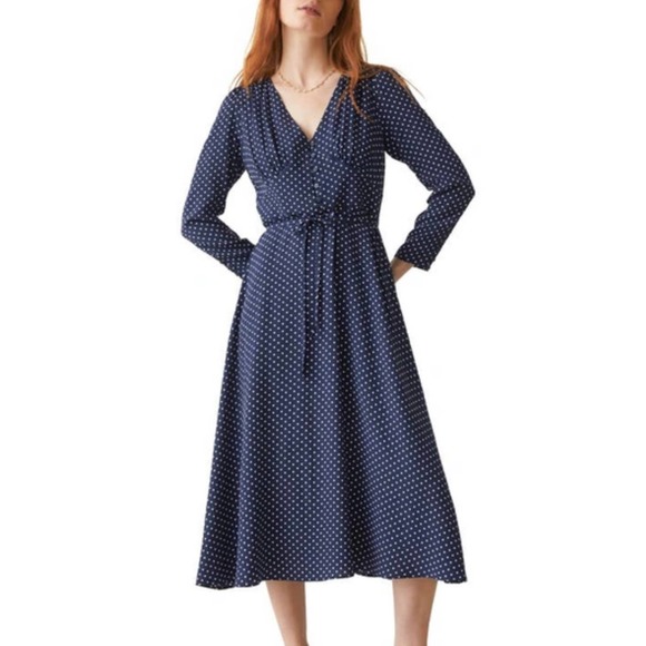 & Other Stories Polka Dot Fluid Long Sleeve Midi Dress V-Neck Navy Blue - Picture 1 of 12